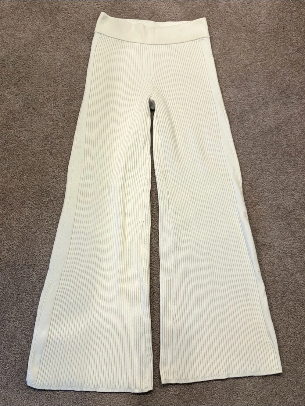 Aerie SzSm Cream Ribbed Wide-Leg Knit Pants